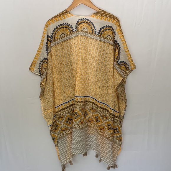 RAJ Boho Lightweight Cotton Kimono w/ Tassels Yellow Tan Beach Coverup - Picture 8 of 12